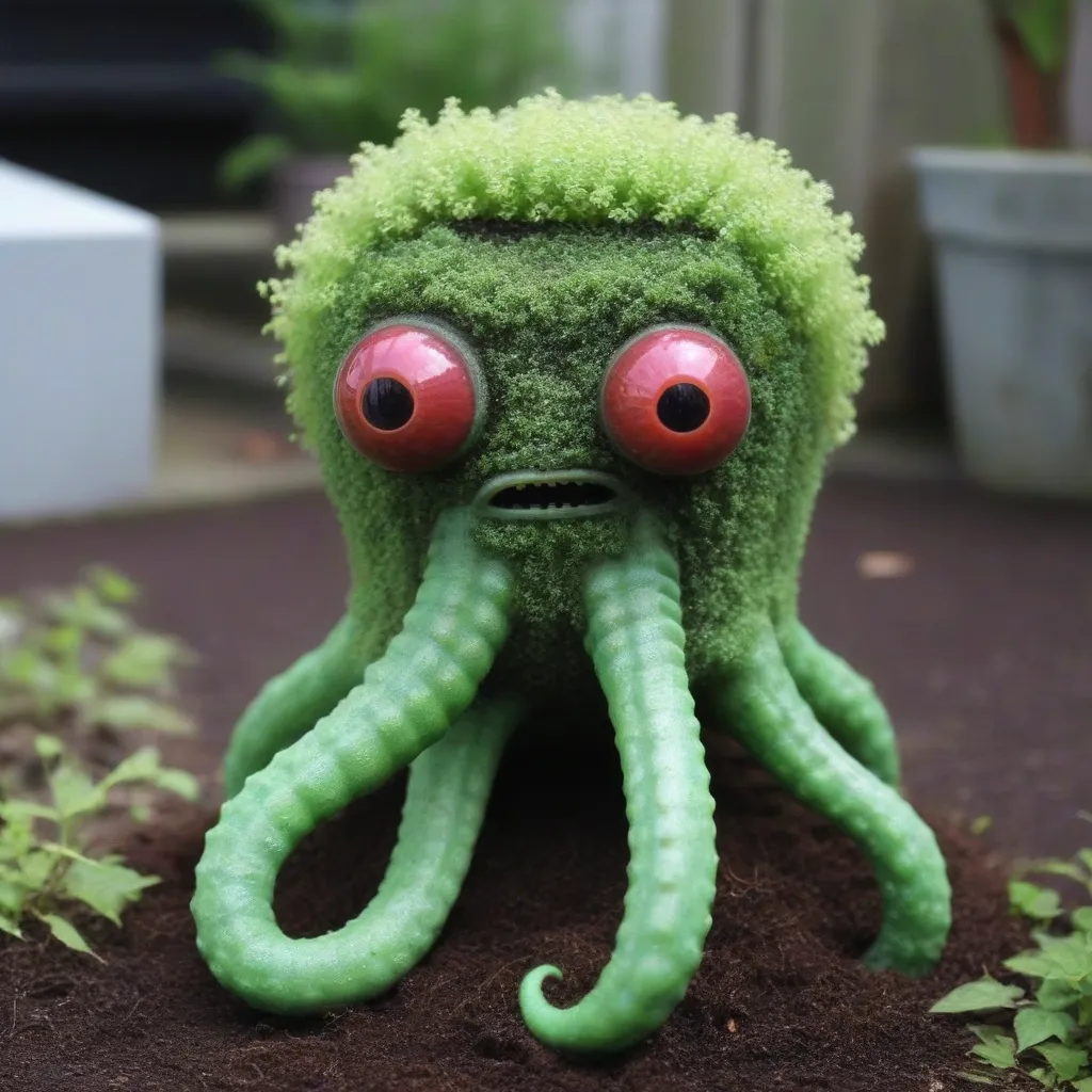 The image shows a green creature with red eyes. It has a head that is covered in green moss. The creature has eight tentacles that are also covered in green moss. It is standing on the ground, which is covered in dirt and moss. In the background, there is a sidewalk and a building. The creature is looking at the camera with its mouth open.