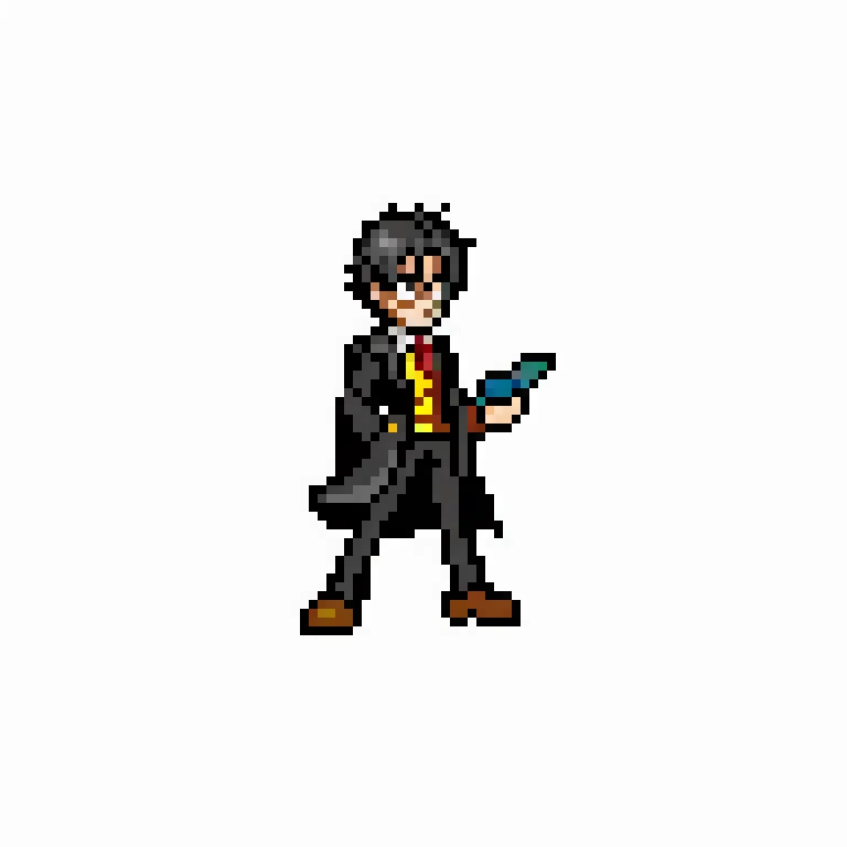 The image is of Harry Potter, a character from the Harry Potter series. He is wearing his Hogwarts uniform and holding a wand. He has black hair and green eyes. He is standing in a pixelated world.