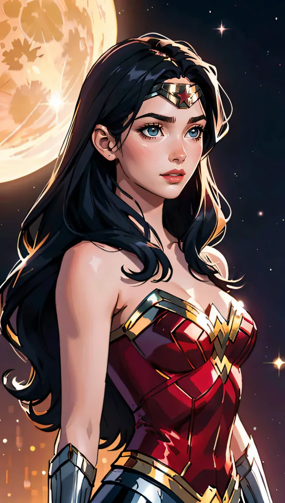 This is an image of Wonder Woman, a superhero from DC Comics. She is standing in front of a full moon. She is wearing her classic outfit, which consists of a red and gold bustier, a blue skirt, and a red cape. She has long, dark hair and blue eyes. She is also wearing a tiara and a pair of bracelets. She is standing with her arms crossed and looks confident and determined.