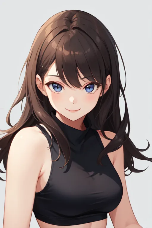 This is an image of a young woman with long, brown hair and blue eyes. She is wearing a black tank top. She has a friendly smile on her face. She looks like she is in her early twenties.