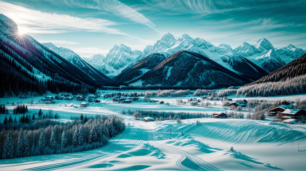 The image shows a beautiful winter landscape. There is a valley surrounded by snow-capped mountains. The valley is filled with snow. There are some trees in the valley. There is a village in the valley. The village is made up of wooden houses. The houses are covered in snow. There is a ski resort in the valley. The ski resort is made up of groomed trails. There are people skiing on the trails. There is a ski lift in the valley. The ski lift is taking people up to the top of t