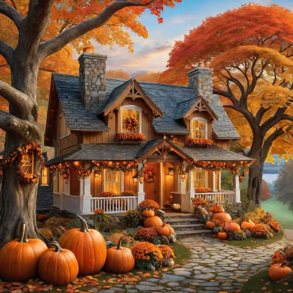 Cozy cottage, fall foliage, pumpkins, peaceful, serene.