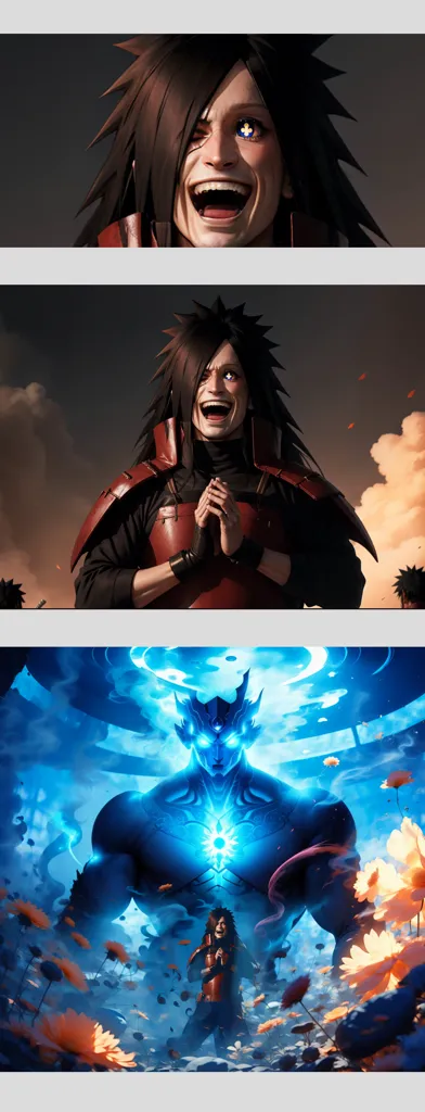 The image shows the character Madara Uchiha from the anime series Naruto. He is depicted with long black hair and red eyes, and is wearing a black and red outfit. He is standing in a dark, cloudy setting, with a bright light in the background. He is smiling and has his hands together in front of him. In the bottom panel, he is seen in front of a giant blue monster.