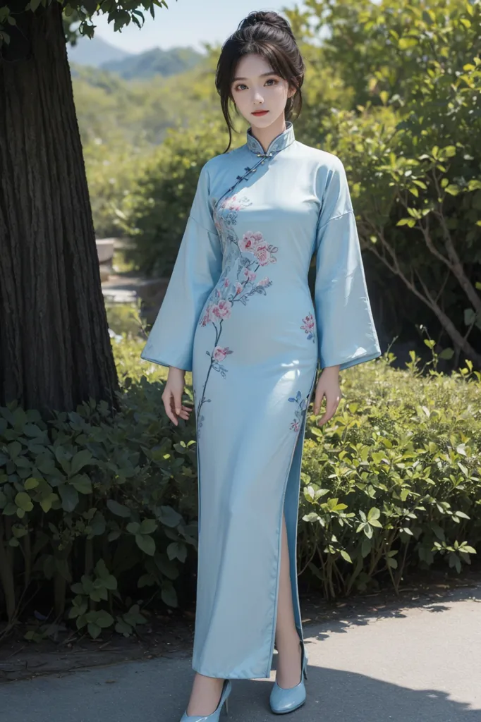 The image shows a young woman wearing a blue cheongsam. The cheongsam is a traditional Chinese dress that is typically worn by women. It is usually made of silk or other fine fabrics and is often decorated with intricate designs. The cheongsam is a popular choice for special occasions such as weddings and festivals.