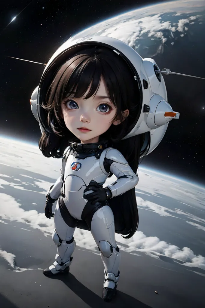 A young girl in a spacesuit stands on a planet. She has long dark hair and blue eyes. She is wearing a white spacesuit with a clear bubble helmet. The planet is blue and white and has a thick atmosphere. There are stars and a shooting star in the background.