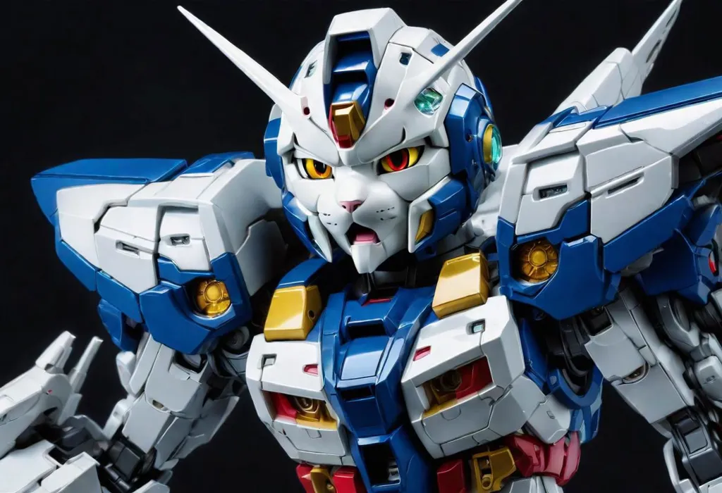 The image shows a model of a fictional robot from the Gundam franchise. It is a white and blue robot with cat-like ears and red eyes. It is standing in a dynamic pose, with its arms outstretched and its legs spread wide. The robot is surrounded by a dark background, which makes it stand out. The robot is highly detailed, with panel lines and other details visible on its surface.