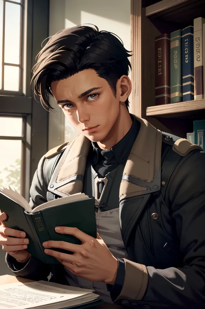 This is an image of a young man reading a book. He has dark hair and green eyes, and he is wearing a black leather jacket. He is sitting in a library, and there are bookshelves all around him. He is holding the book open with both hands, and he is looking at the page intently. He has a thoughtful expression on his face, and it is clear that he is absorbed in the book.