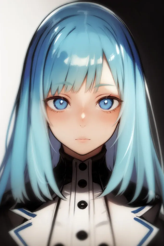 This is an image of a young girl with blue hair and blue eyes. She is wearing a white shirt with a black collar. The girl has a soft expression on her face and is looking at the viewer. The background is a light gray color.