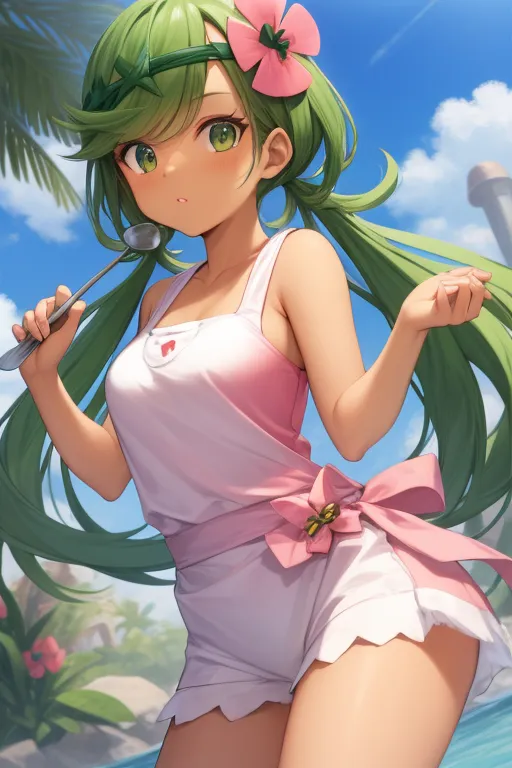 The image is of a young woman with green hair and brown eyes. She is wearing a white apron over a pink swimsuit. The apron has a pink flower on the left side. She is also wearing a green headband with a pink flower on the right side. She is holding a spoon in her right hand. She is standing in a tropical setting with palm trees and blue water behind her.