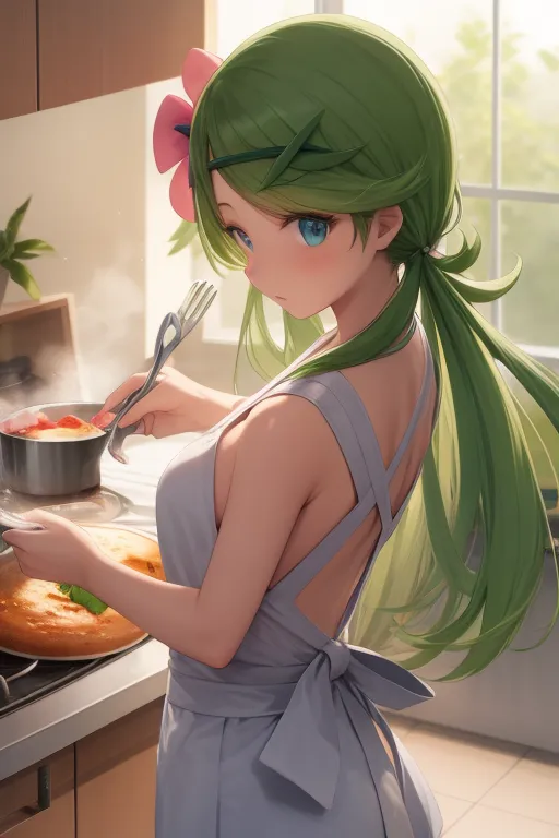 L'image montre une jeune femme aux cheveux verts et aux yeux bleus. Elle porte un tablier blanc par-dessus une robe de couleur claire. La femme se trouve dans une cuisine et est en train de cuisiner. Elle remue une casserole sur la cuisinière et il y a une pizza sur le comptoir. La femme regarde la pizza.