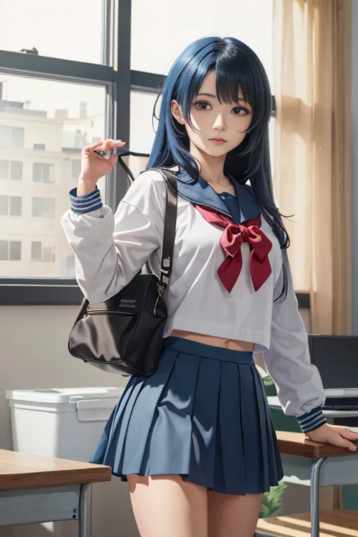 The image shows a young woman, standing in a classroom, wearing a Japanese school uniform. She has long blue hair, blue eyes, fair skin, and a small beauty mark on the left side of her chin. She is wearing a white long-sleeved blouse, a blue pleated skirt, a red bow tie, and a black bag over her right shoulder. She is holding the strap of her bag with her right hand and standing with her left hand resting on a desk to her right.