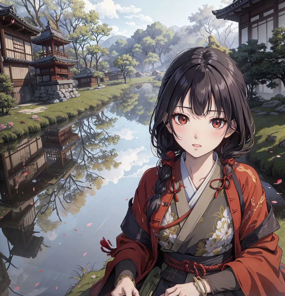 The image is a painting of a young woman in a kimono standing by a river. The woman has long black hair and red eyes. She is wearing a red and white kimono with a floral pattern. The river is surrounded by trees and there are some buildings in the background. The image is in a realistic style and the colors are vibrant.