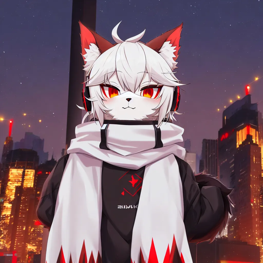 The image is of a white wolf furry with red eyes. It is wearing a black hoodie with red accents and a white scarf. It also has headphones on. The wolf is standing in a city at night. There are tall buildings in the background and a starry sky above. The wolf is looking at the viewer with a serious expression.