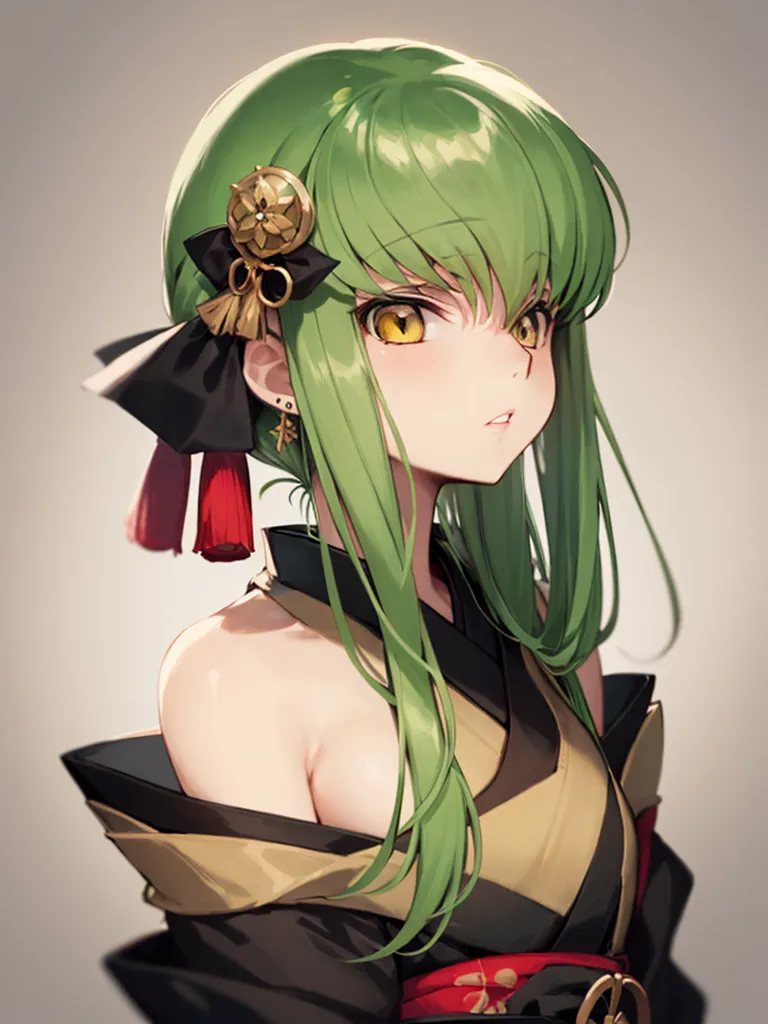 The image shows a young woman with long green hair and yellow eyes. She is wearing a black kimono with gold trim and a red obi. Her hair is tied up in a bun with a large green bow. She has a serious expression on her face.