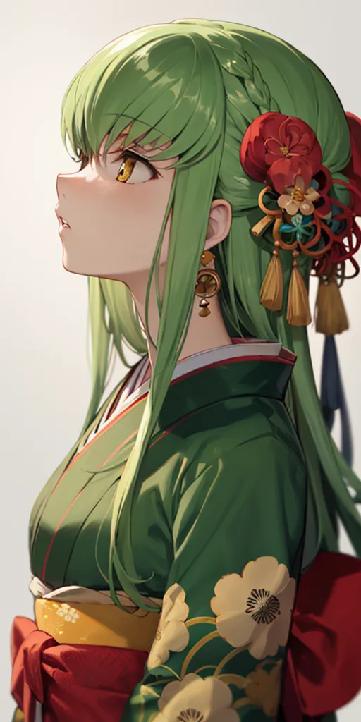 La imagen muestra a una chica con el cabello verde largo vestida con un kimono verde con acentos rojos y dorados. Ella está mirando hacia la derecha del marco. Tiene una flor roja en el cabello y pendientes dorados.