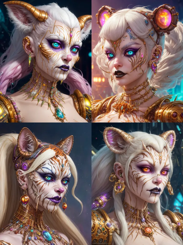 Gambar ini menunjukkan empat potret karakter perempuan dengan telinga seperti kucing dan aksesoris steampunk. Mereka semua memiliki riasan dan perhiasan yang rumit. Karakter pertama memiliki rambut putih dan mata biru, dan dia mengenakan kalung emas dengan batu permata biru di tengahnya. Karakter kedua memiliki rambut putih dan mata ungu, dan dia mengenakan kalung emas dengan batu permata merah di tengahnya. Karakter ketiga memiliki rambut putih dan mata oranye, dan dia mengenakan kalung emas dengan batu permata hijau di tengahnya. Karakter keempat memiliki rambut putih dan mata biru, dan dia mengenakan kalung emas dengan batu permata ungu di tengahnya.