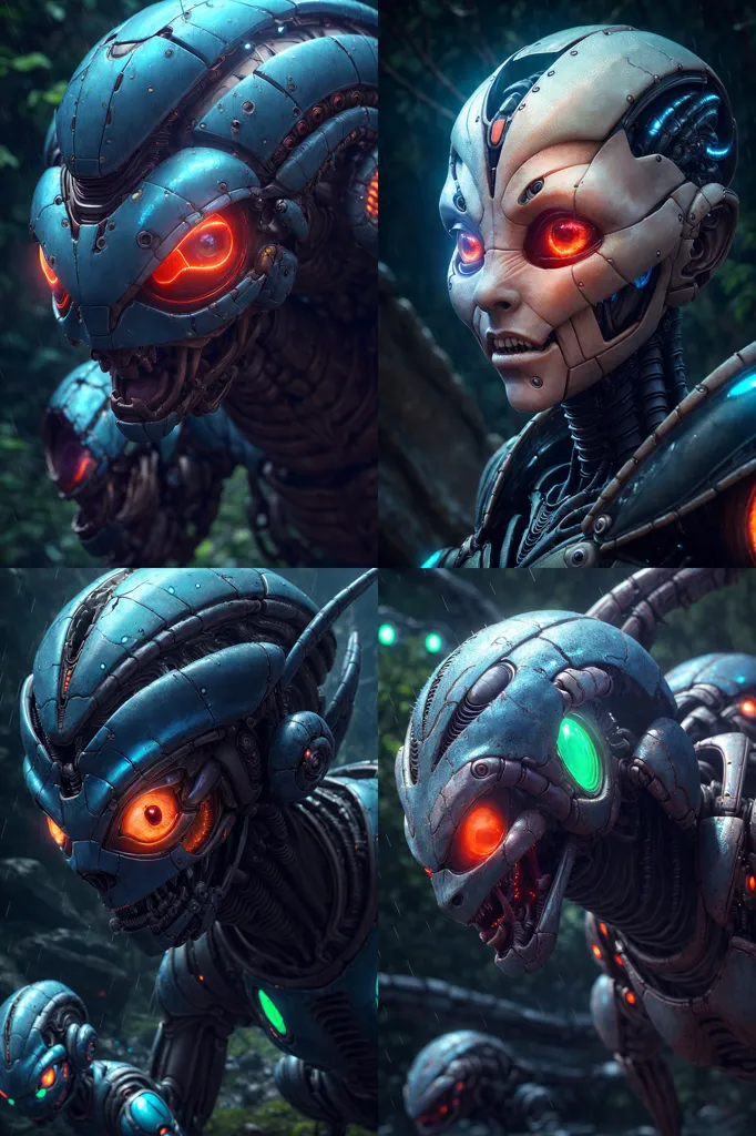 The image is a 2x2 grid of pictures of robot heads. The top left robot has a blue and gray body with red eyes. It has a mouth that is open and is showing sharp teeth. The top right robot has a white body with red eyes. It has a more human-like face with a small mouth and a pointed chin. The bottom left robot has a blue and gray body with green eyes. It has a large mouth that is open and is showing sharp teeth. The bottom right robot has a blue and gray body with red eyes. It has a mouth that is open and is showing sharp teeth.