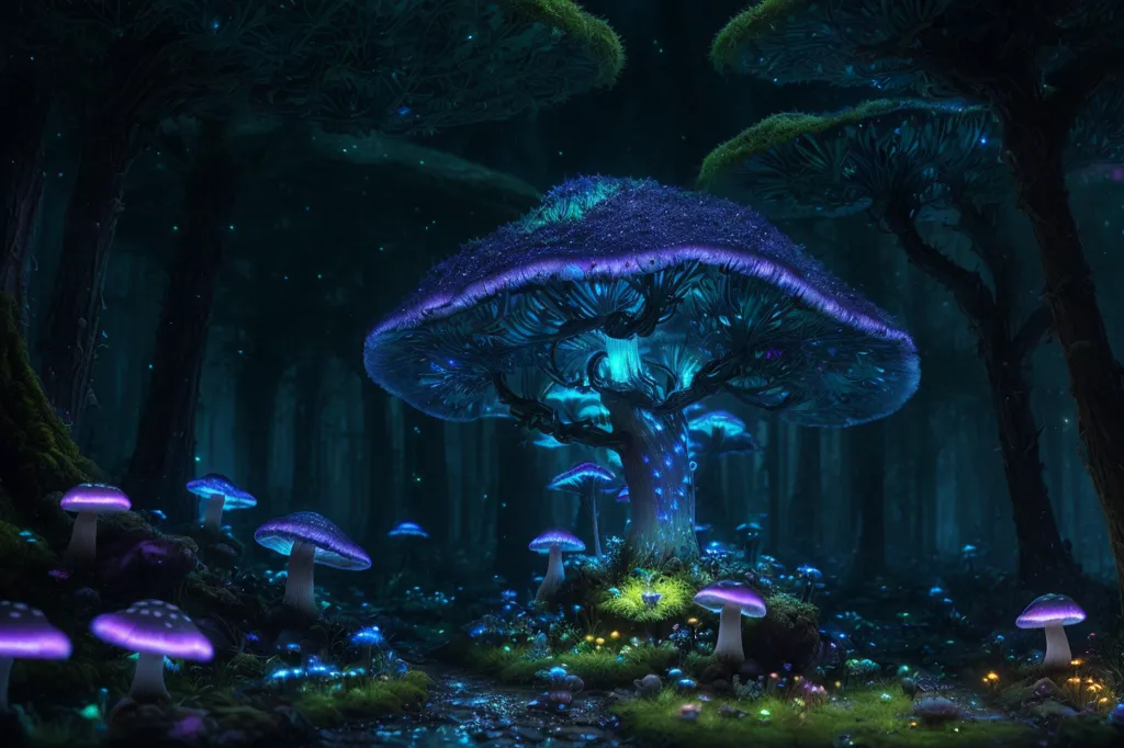 A imagem é uma floresta escura com um cogumelo grande e brilhante no centro. O cogumelo é roxo e azul, e está rodeado por cogumelos menores da mesma cor. A floresta é escura e misteriosa, e a única luz vem dos cogumelos. Há um caminho que atravessa a floresta, e não está claro para onde ele leva.