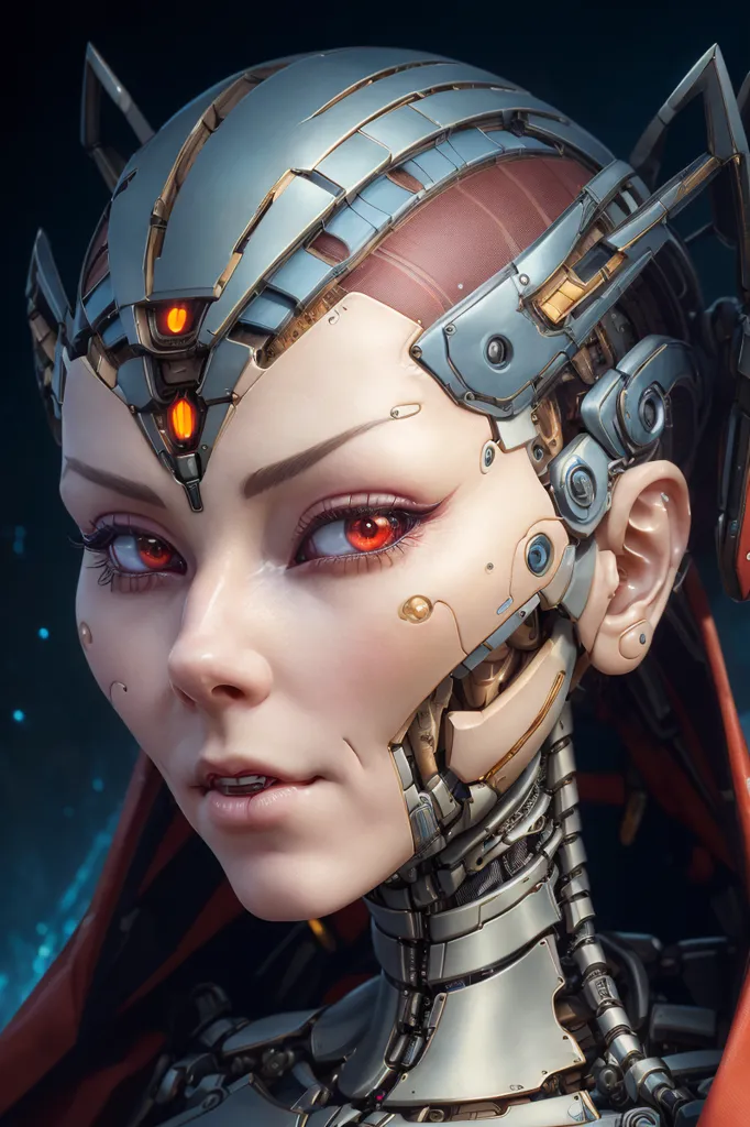 The image is a portrait of a female cyborg. She has red eyes, a metallic face, and a variety of wires and tubes protruding from her head. She is wearing a black and red bodysuit. The background is dark blue with a glowing blue light on the left side.