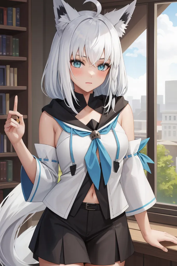 The image is of a young woman with white hair and blue eyes. She has fox ears and a tail. She is wearing a white and blue outfit. She is standing in a room with a bookshelf and a window. She is looking at the viewer with a serious expression.