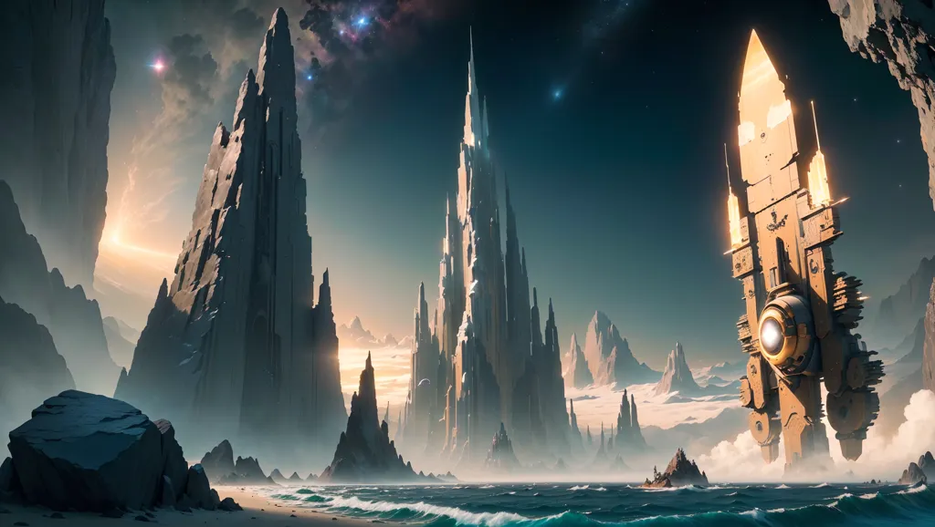 The image is set in a fantasy world. There are tall, rocky mountains in the background, and a large body of water in the foreground. The water is crashing against the rocks, and there are some small islands in the distance. The sky is dark, and there are some stars and clouds in the sky. There is a large, golden tower in the middle of the image. The tower is surrounded by smaller buildings, and there are some people walking around. The image is very detailed, and it looks like it was created using a computer.