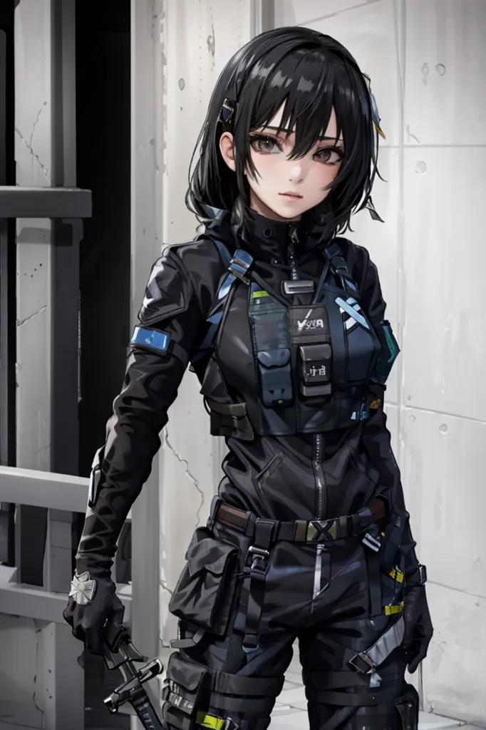 The image shows a young woman dressed in a black tactical outfit. She has short black hair and brown eyes. She is wearing a black jacket, vest, and pants. The jacket has blue and yellow markings on it. She is also wearing a black tactical belt and a black holster on her right hip. She is holding a gun in her right hand. She is standing in front of a concrete wall with a barred door on the left.