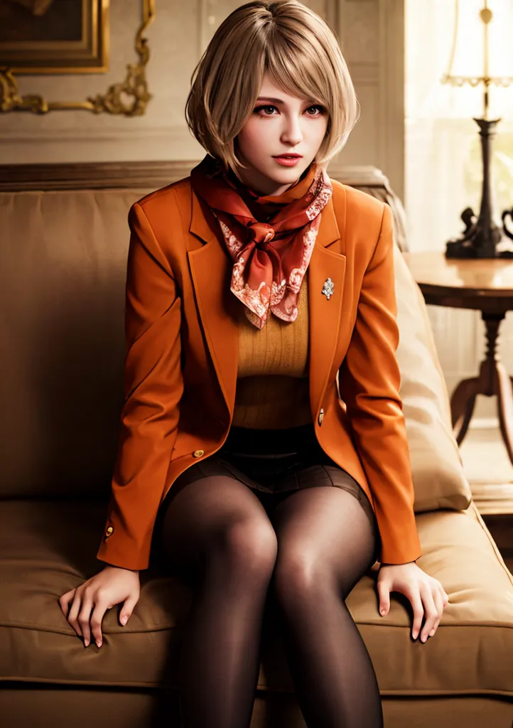 The photo depicts a young woman sitting on a couch. She is wearing a brown suit jacket, a yellow turtleneck blouse, and a red scarf with a floral pattern. She has short blonde hair and brown eyes. She is looking at the camera with a serious expression.