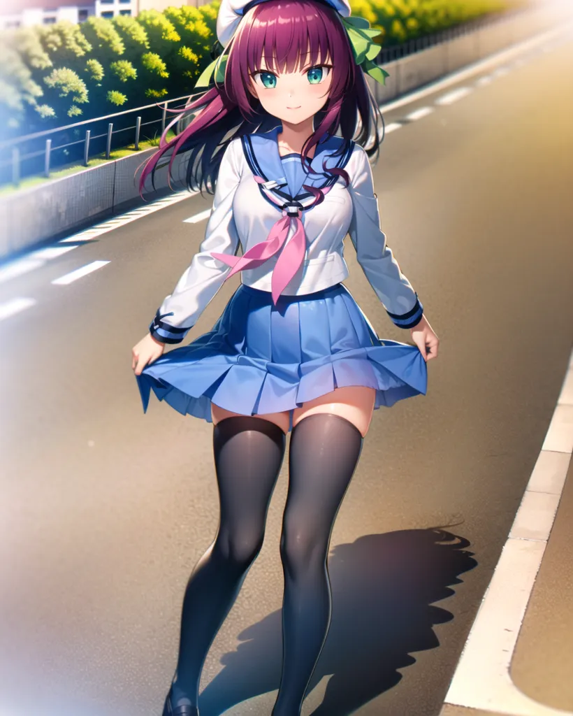 The image shows a young woman, with a happy expression on her face, wearing a school uniform. She has long purple hair, green eyes, and is wearing a white shirt, blue skirt, and black stockings. She is also wearing a green beret with a pink ribbon. She is standing on a road, with a fence to her left, and is lifting her skirt slightly.