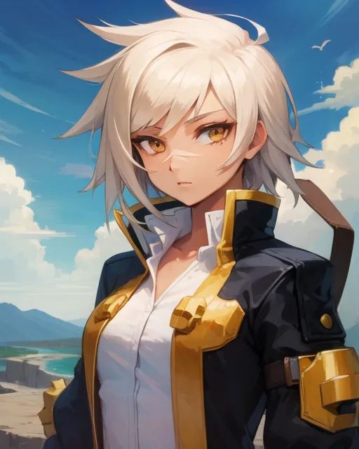 The image shows a young woman with short white hair and orange eyes. She is wearing a white shirt and a black jacket with gold trim. She is standing on a cliff, looking out at the ocean. The sky is blue and there are clouds in the distance.