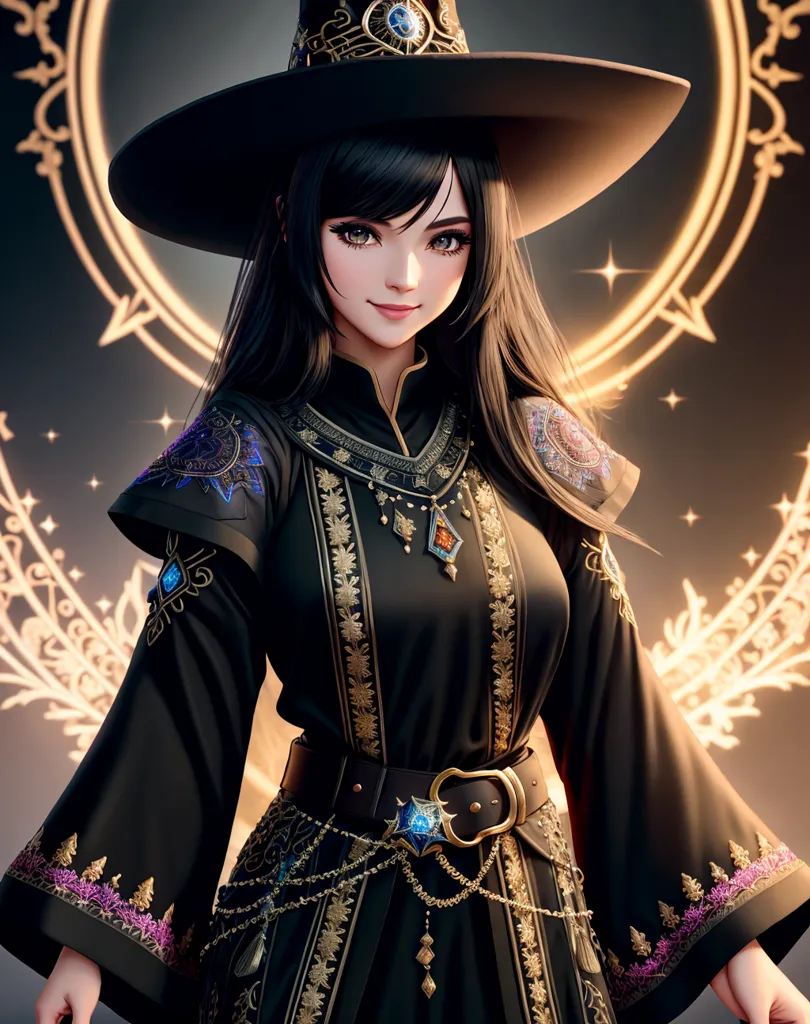 The image shows a young woman with long black hair and purple eyes. She is wearing a black witch hat with a wide brim and a gold buckle. She is also wearing a black dress with gold trim and a white collar. The dress has a long skirt and long sleeves. She is standing in front of a dark background with a glowing gold circle behind her.