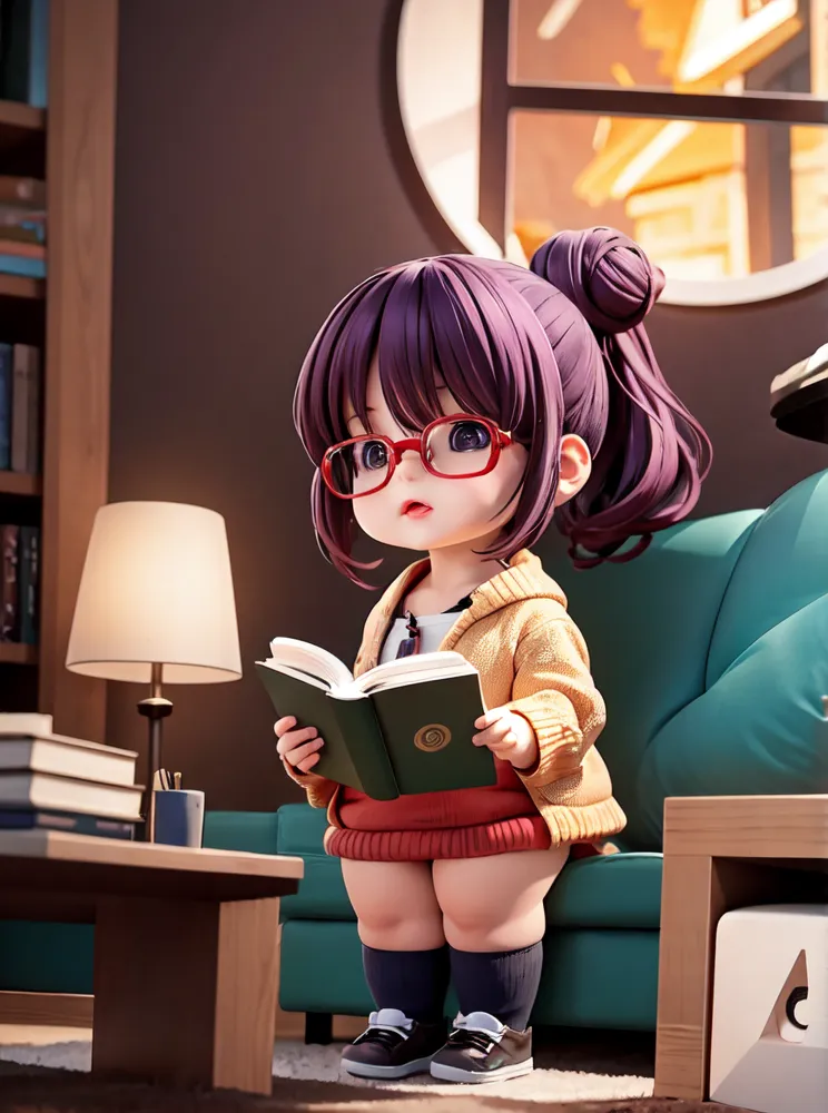 The image shows a young girl with purple hair and red glasses sitting on a couch, reading a book. She is wearing a yellow sweater and red shorts. There is a lamp on the table next to her, and a bookshelf behind her. The background is a living room, with a window and a door.