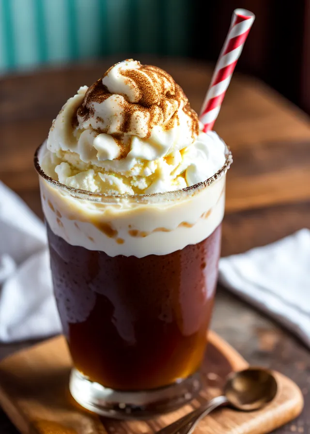 The image shows a glass of iced coffee with vanilla ice cream and whipped cream on top. The coffee is dark brown and the ice cream is white. The whipped cream is topped with a sprinkle of brown sugar. The glass is sitting on a wooden table and there is a red and white striped straw in the glass. There is a white napkin on the table next to the glass. The background is blurred and is the color green.