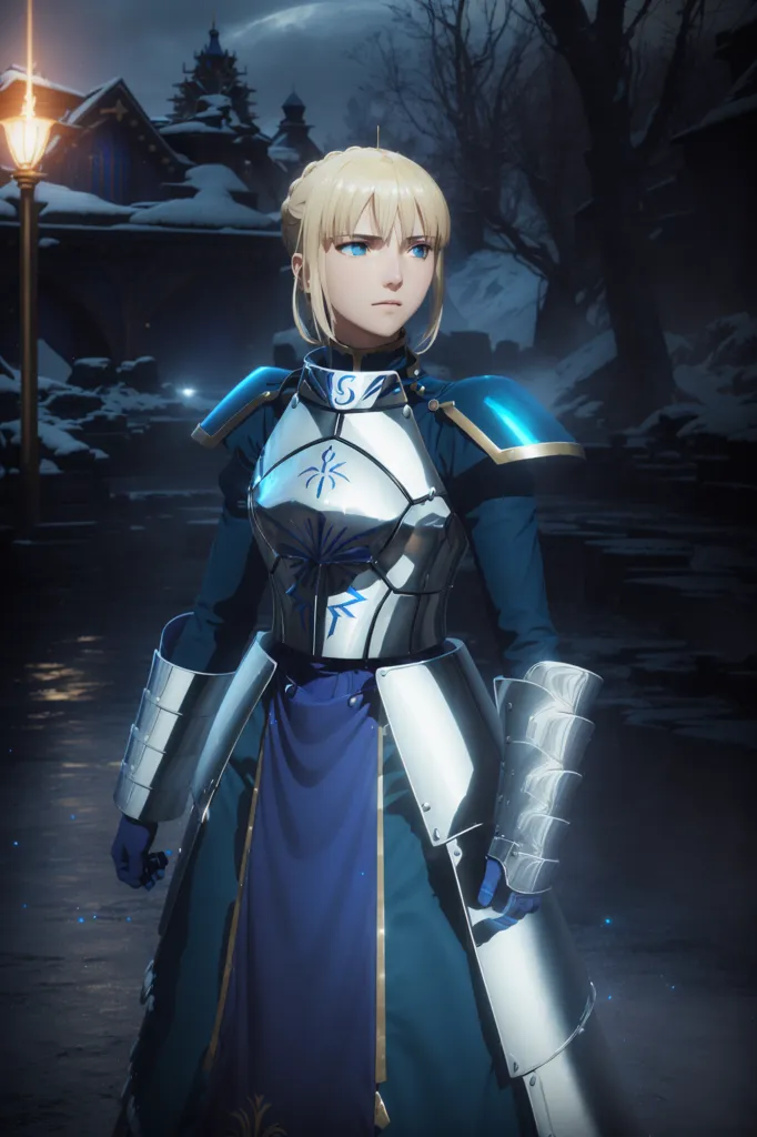 The image is of a young woman with blonde hair and blue eyes. She is wearing a blue and white dress with a white cape. She is also wearing a breastplate and gauntlets. She is standing in a dark forest, with a city in the background. There is a full moon in the sky.