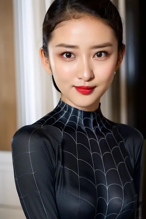 The image shows a young woman with long black hair and a black turtleneck dress with a white spider web pattern. The dress has a high collar. The woman is looking at the camera with a slight smile on her face. Her lips are red and her eyes are dark brown. She is wearing a pair of small earrings. The background is blurry and looks like a hotel room.