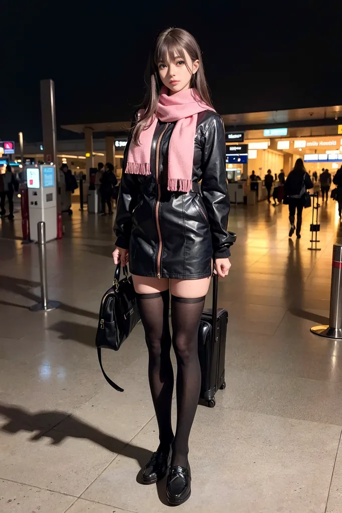 A woman is standing in an airport. She is wearing a black leather dress with a pink scarf and black boots. She is holding a black suitcase with wheels. The background is blurred.