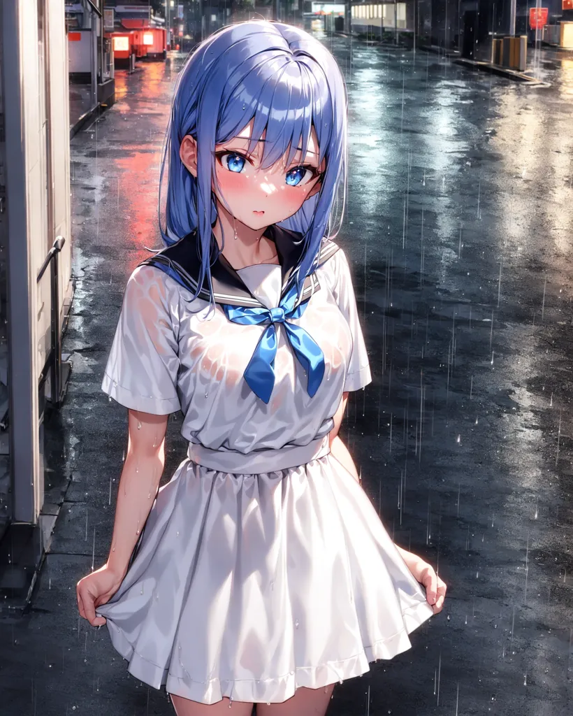 The image is of a young woman standing in the rain. She is wearing a white dress and a blue bow. Her hair is blue and her eyes are a light blue color. She is looking at the viewer with a shy expression. The background is blurred and consists of a city street with cars and buildings.