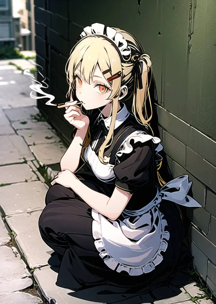 This is an image of a young woman with long blonde hair and orange eyes. She is wearing a black and white maid outfit and smoking a cigarette. She is sitting on the ground with her knees drawn up to her chest. She has a thoughtful expression on her face. The background is a brick wall with a door.