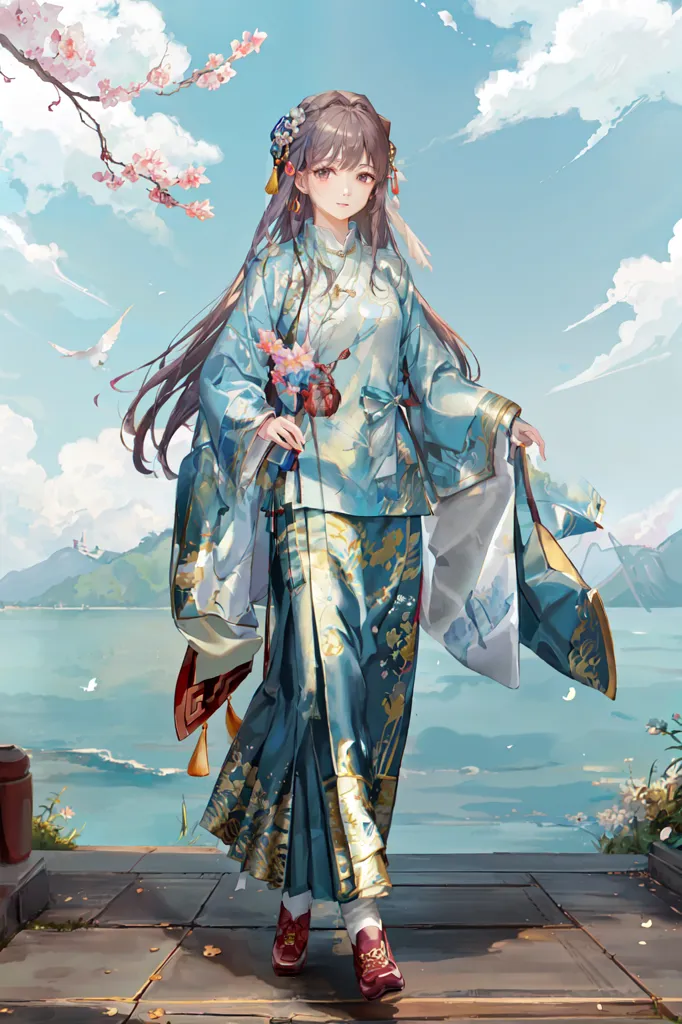 The image shows a young woman wearing a blue and white kimono with floral patterns. The kimono is tied with a red and white sash. She has long brown hair that is flowing in the wind. She is also wearing red shoes. The woman is standing on a wooden dock near a lake. There are mountains in the background and a pink cherry blossom tree is in the foreground. The sky is blue and there are white clouds. The woman is holding a bouquet of flowers.