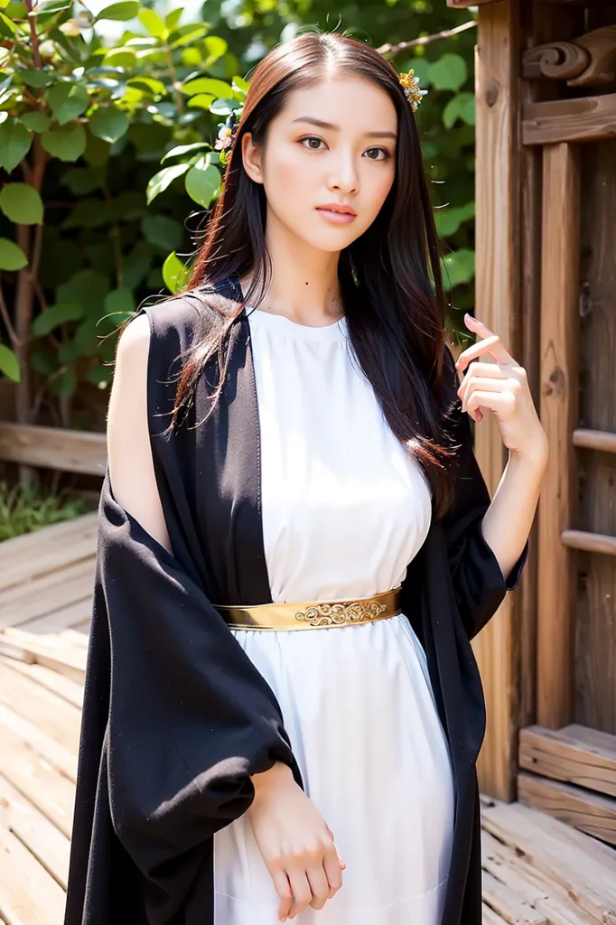 The image shows a young woman wearing a white dress with a black bolero jacket. The jacket has an ornate gold belt at the waist and the woman is wearing a wreath of flowers in her hair. She is standing in a garden with a wooden fence in the background.