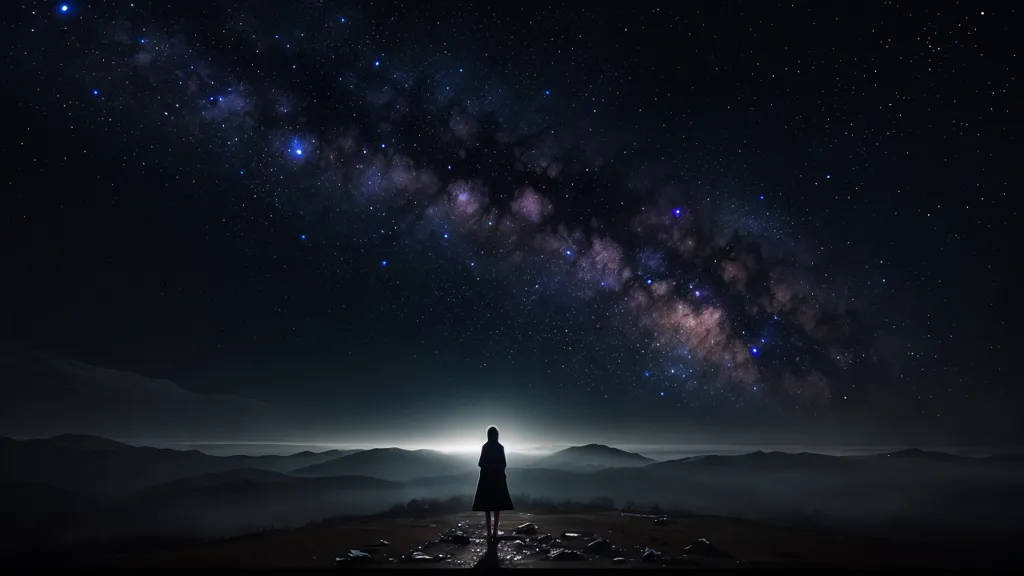 The image is of a person standing on a hilltop at night. The sky is full of stars and the Milky Way is clearly visible. The person is wearing a long coat and is looking out at the view. The image is peaceful and serene and the viewer is left with a sense of wonder and awe at the beauty of the night sky.