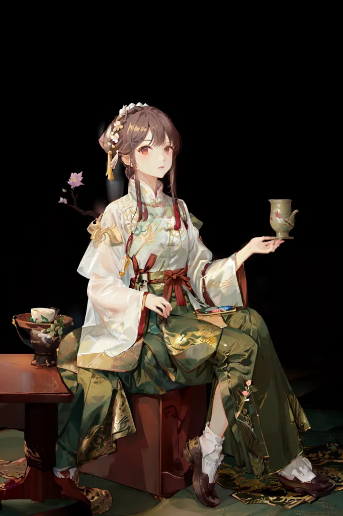 The picture shows a beautiful girl in a white and green dress with long brown hair sitting on a chair. She is holding a cup in her right hand and there is a teapot on the table next to her. The girl is looking at the cup in her hand and seems to be lost in thought. She is wearing a traditional Chinese dress and her hair is done up in an elaborate style. The background is a dark color, which makes the girl stand out. The painting is done in a realistic style and the girl's expression is very serene.