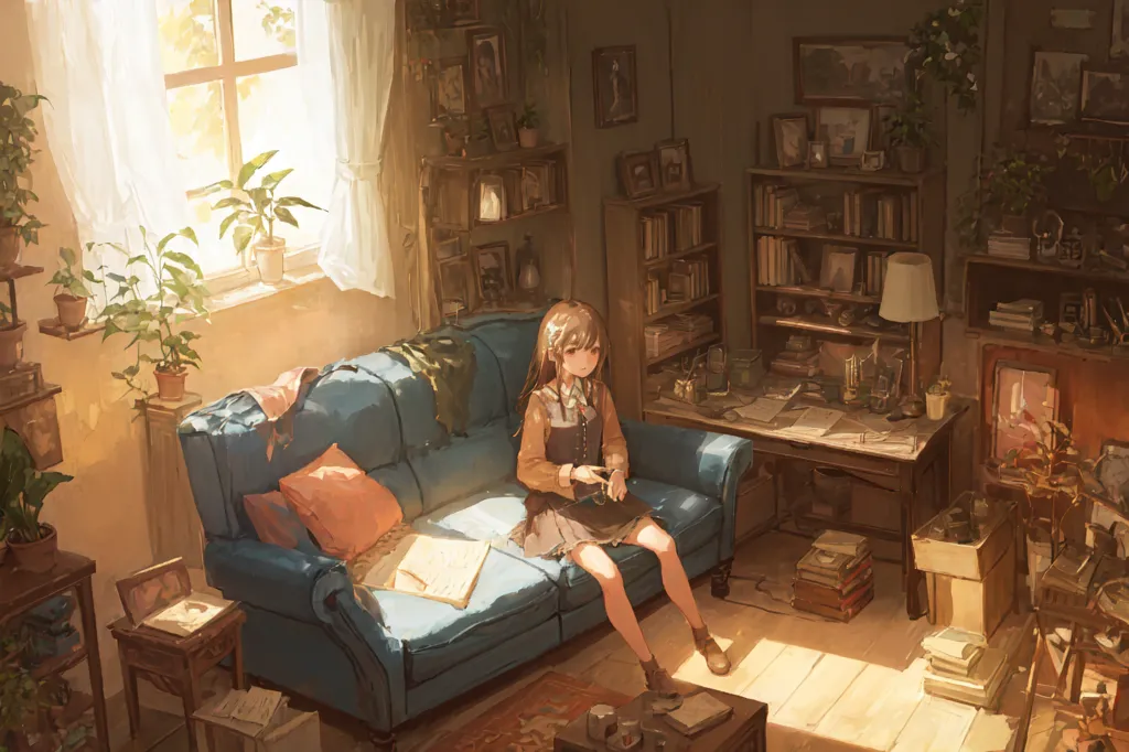 The image shows a girl sitting on a blue couch in a cozy living room. The couch is placed in front of a large window that lets in plenty of sunlight. There are plants, bookshelves, and other furniture in the room, and the overall atmosphere is one of peace and tranquility. The girl is wearing a casual outfit and has her hair down. She is looking at a book and appears to be lost in thought. The image is warm and inviting, and it captures the beauty of a quiet moment at home.