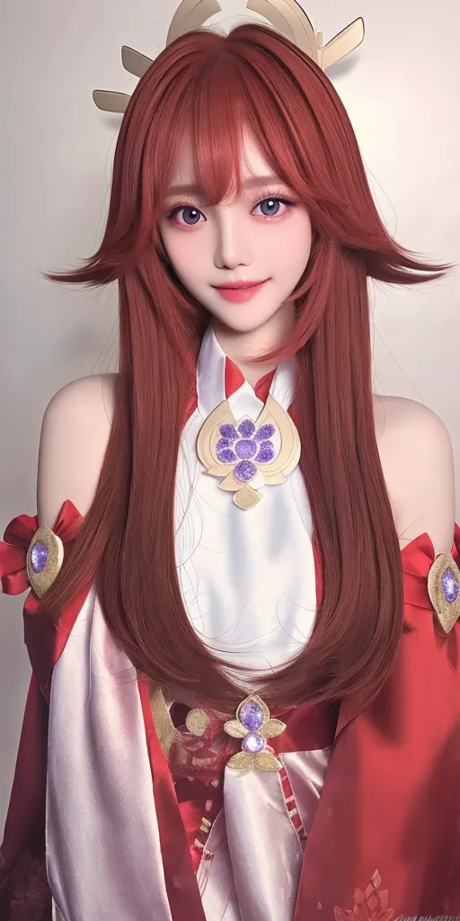 The picture shows a young woman with long red hair and purple eyes. She is wearing a red and white kimono with a purple gem in the center. There are also purple gems on her shoulders and in her hair. The woman is smiling and looking at the camera.