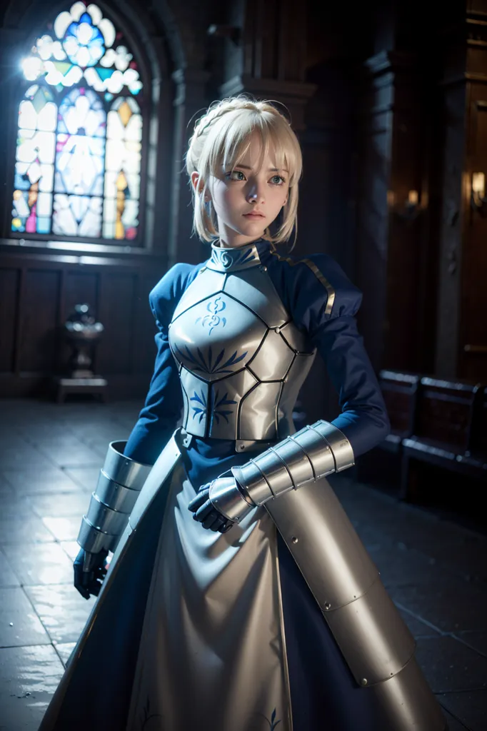 The image is of a young woman in a blue and silver dress. She is standing in a dark room, with a stained glass window in the background. The woman is wearing a breastplate and gauntlets, and she has a sword at her side. She has short blonde hair and blue eyes, and she is looking at the viewer with a serious expression.