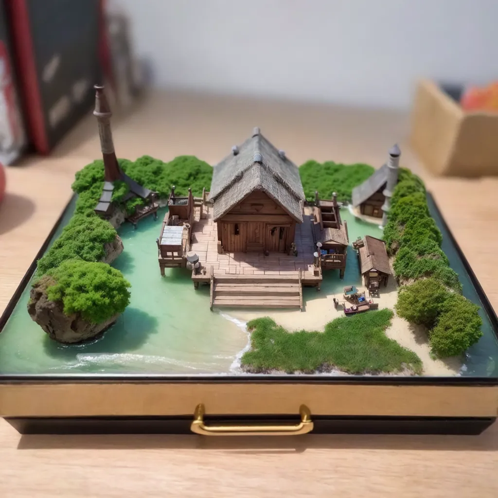 The image is a diorama of a small village on a lake. The village is surrounded by trees and grass. There is a house, a barn, and a dock. There is a path leading from the dock to the house. There is a small boat on the lake. The diorama is made of wood, plastic, and other materials. It is very detailed and realistic.