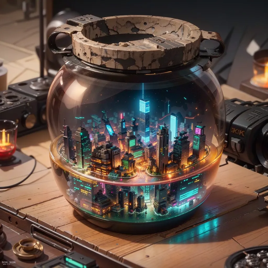 The image shows a glass jar with a city inside it. The city is made of skyscrapers and other tall buildings. The buildings are lit up and the city is very colorful. The jar is sitting on a wooden table. There is a camera next to the jar. The image is taken from a low angle, which makes the city look even more impressive.