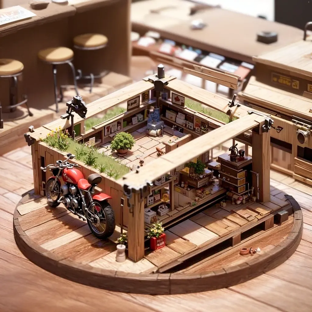 The image is a diorama of a small town. The diorama is made of wood and is very detailed. It shows a street with a cafe, a bar, and a motorcycle parked outside. There are also some trees and plants on the street. The diorama is very realistic and looks like a real town.