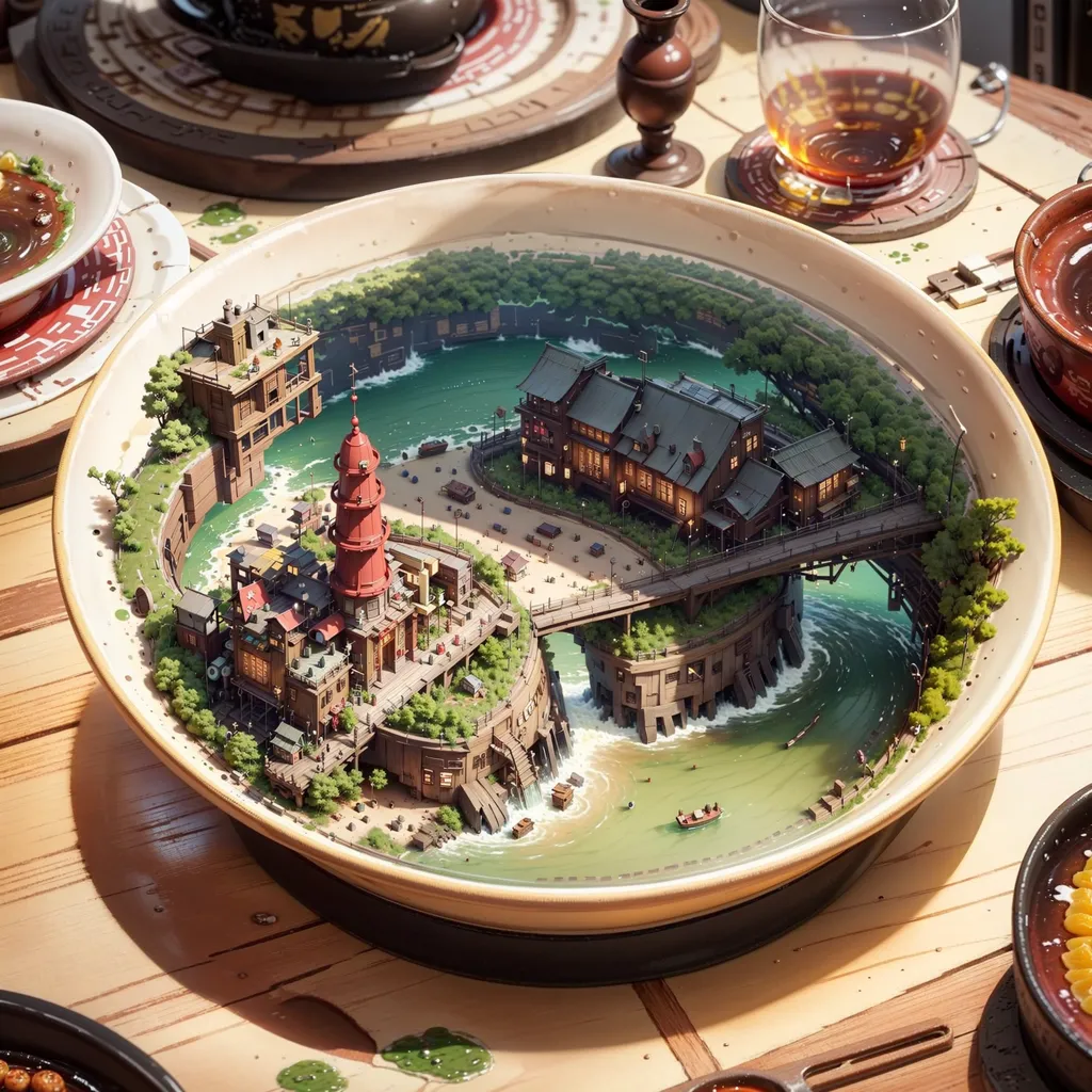 The image is a digital painting of a miniature town built inside a bowl. The town is made up of small, detailed buildings and structures, and is surrounded by a moat of water. The bowl is placed on a wooden table. The painting is done in a realistic style, and the artist has used light and shadow to create a sense of depth and atmosphere. The image is whimsical and imaginative, and it invites the viewer to imagine what life would be like in such a place.