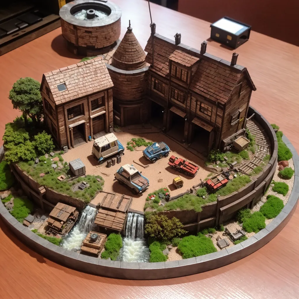 L'image montre une maquette d'une petite ville. Il y a trois bâtiments, une maison, une grange et une tour d'eau. La maison est en bois et a une cheminée en brique. La grange est également en bois et a une grande porte. La tour d'eau est en brique et a un grand réservoir en haut. Il y a aussi plusieurs véhicules dans la maquette, notamment une voiture, un camion et un tracteur. Il y a aussi plusieurs arbres et arbustes. La maquette est construite sur une base ronde et a une rivière qui la traverse.