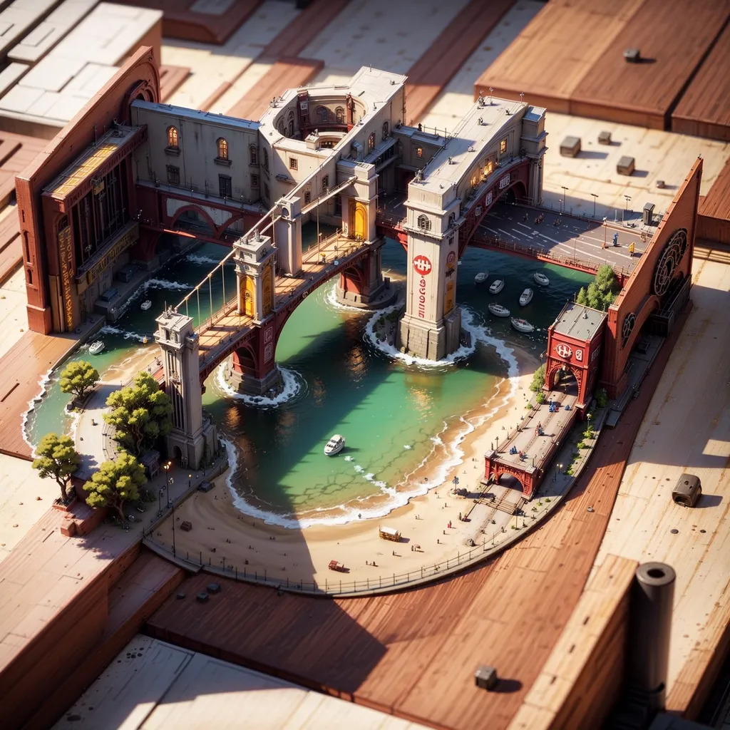 The image is a 3D rendering of a city built on a wooden table. The city is made up of a series of buildings, bridges, and roads. There are people walking around on the streets and there are boats in the water. The city is surrounded by a large wooden wall. There are trees and other plants growing on the table around the city.